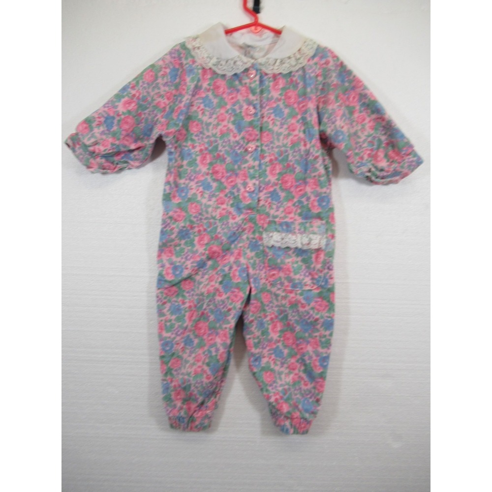 Vintage 90s Hopscotch Corduroy Pink Roses Romper Girl 24 Months